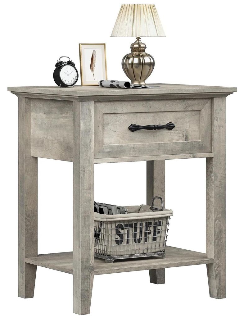 Nachttisch Nachtkommode - Beistelltisch - Mit Schublade - Offenes Ablagefach - Zwei Ebenen - Kompakt für kleine Räume - Holz - Ein Stück