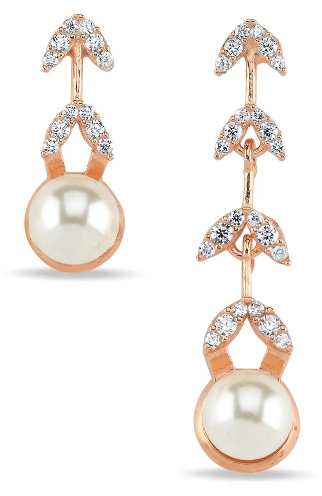 Boucles d'oreilles perles pour femme en argent plaqué or rose et zircone