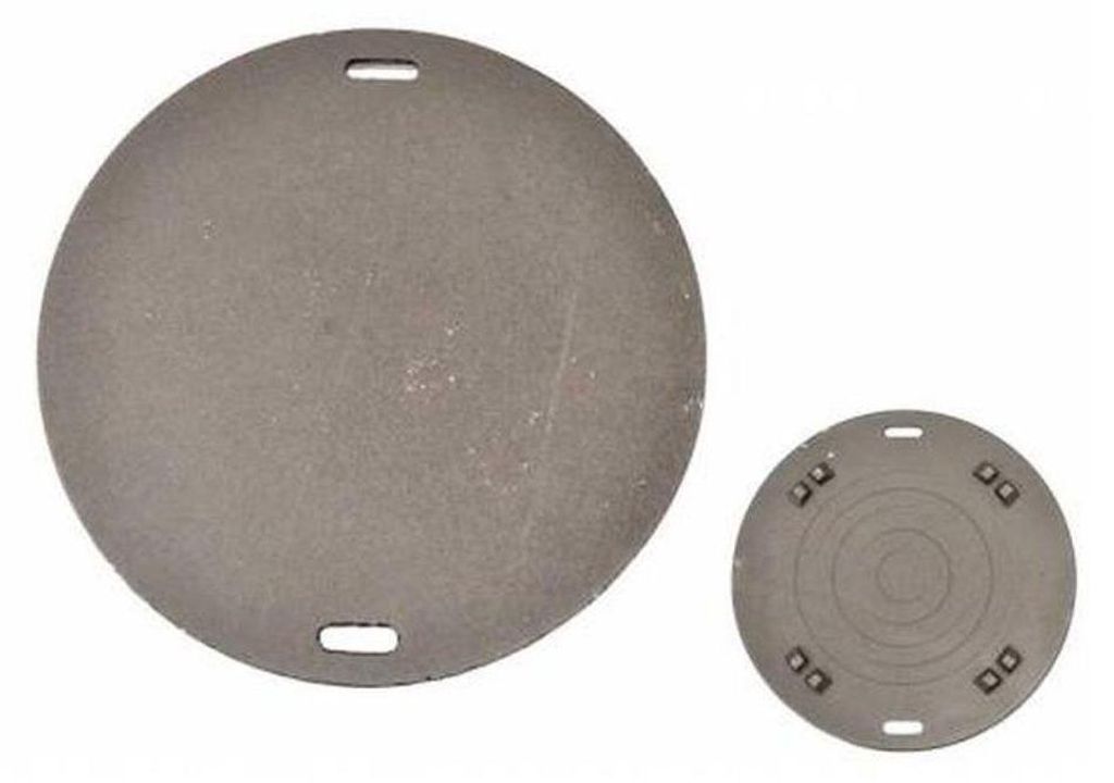 Two round metal discs, one larger than the other, are shown against a white background.