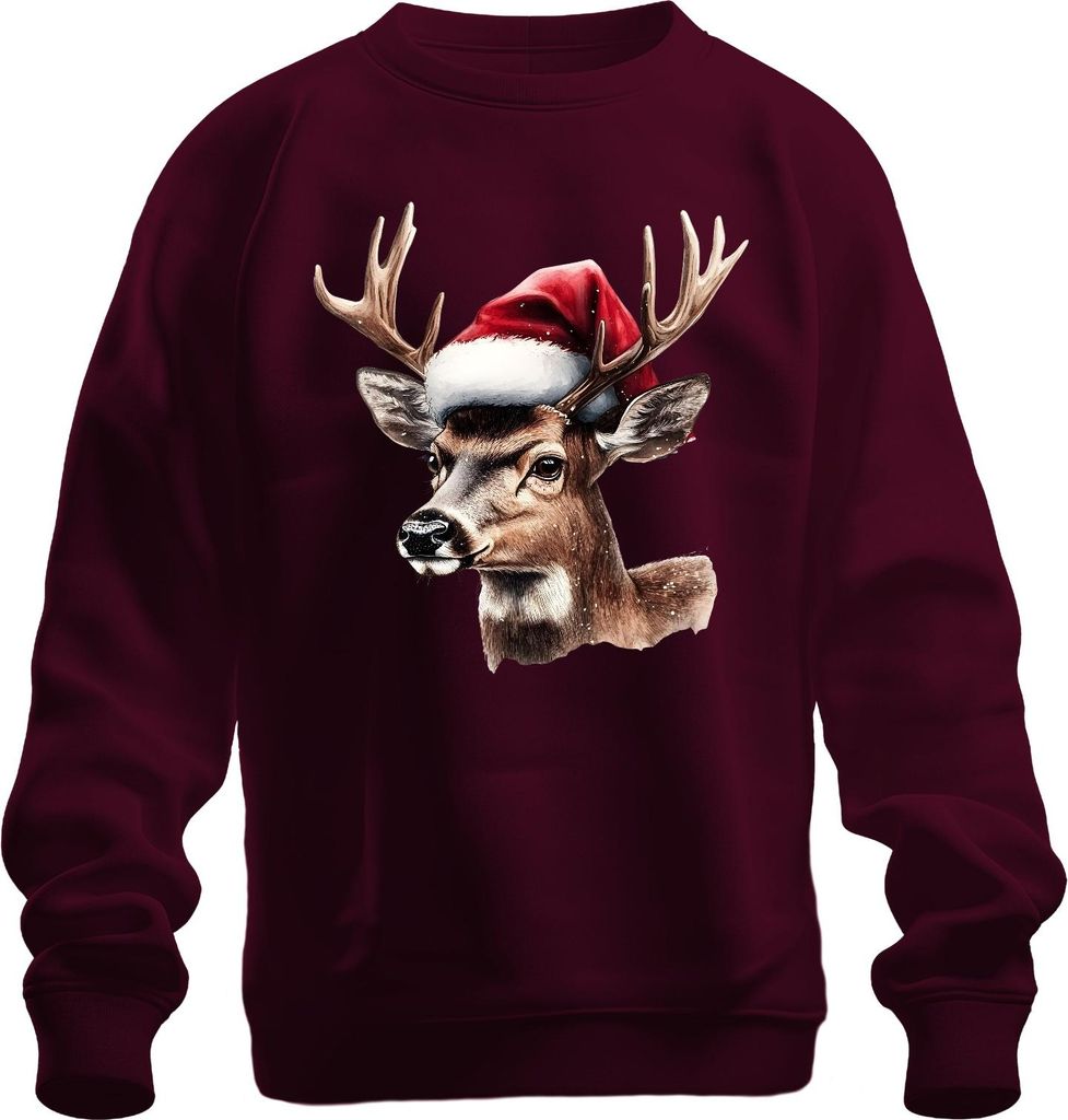 Weihnachtsrentier Hirsch Kopf Aquarell Weihnachtsmann Hut Retro Uni Sweatshirt Pullover, Burgundy, L