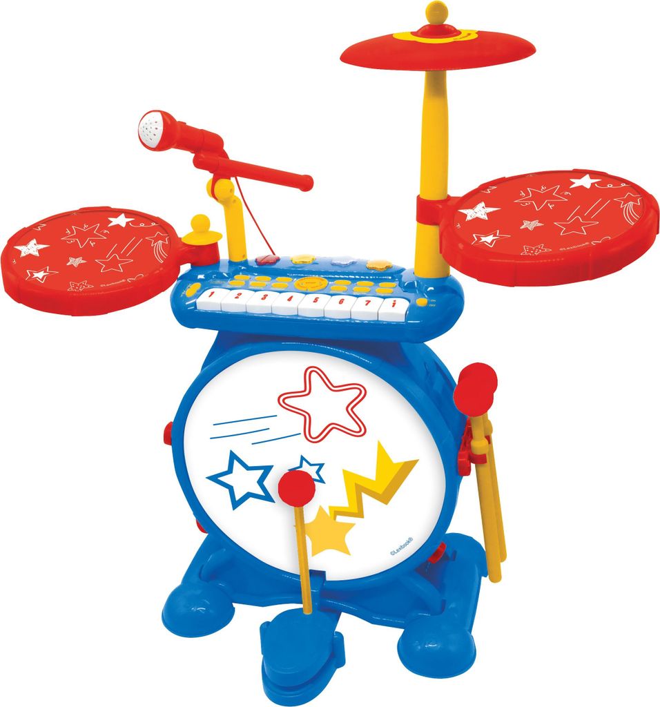 Lexibook, Elektronisches Schlagzeug für Kinder, Musikspielzeug, realistischer Trommelklang, 8-Tasten-Tastatur, MP3-Stecker, inklusive Sitz, blau/rot