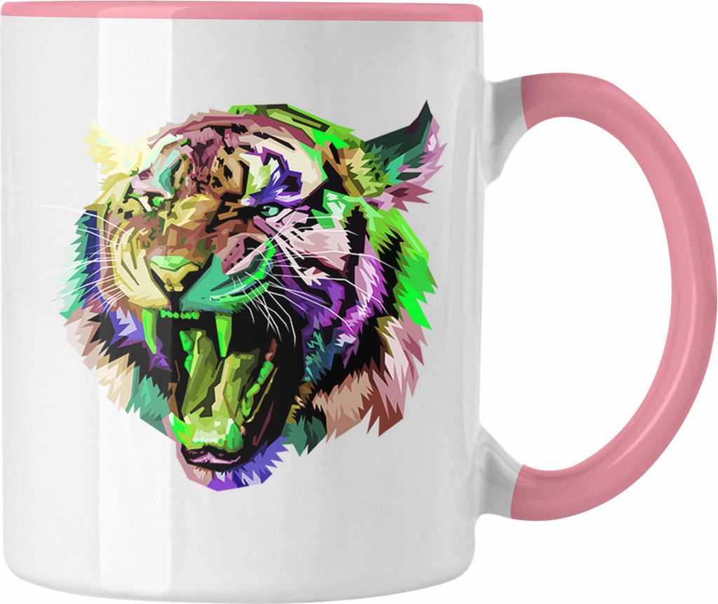 Trendation - Tiger Polygon Tasse Geschenk Tigern-Liebhaber Bunt (Rosa)