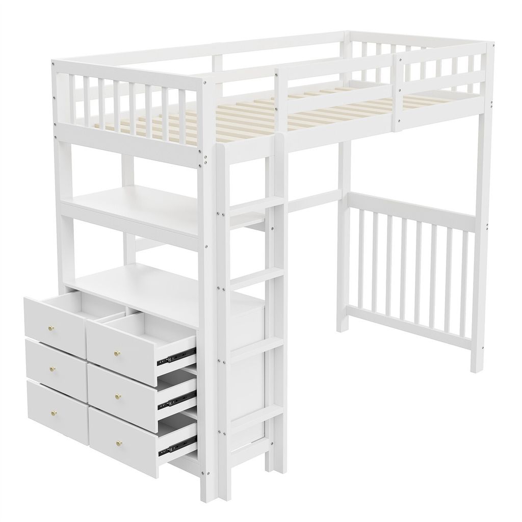 Hochbett,Einzelbett(Weiß)Kinderbett,vertikale Sicherheitsleiter,Schubladen und Regale, hohes Zaundesign, Lattenrost, Bett aus Kiefernholz, aus Holz