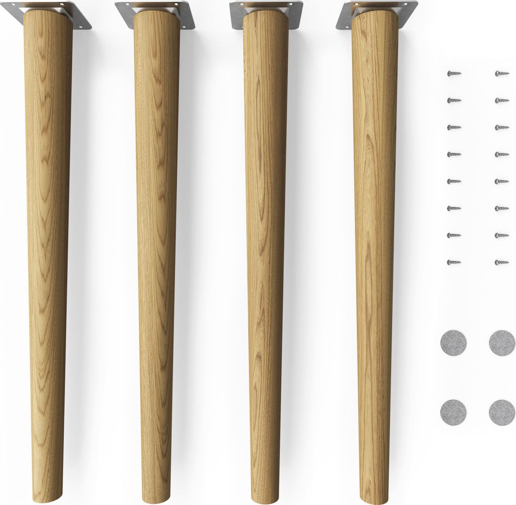 Four wooden furniture legs with metal mounting plates and screws are arranged on a white background.