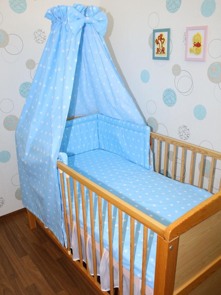 5 teiliges Baby Bettset für Bett 60 x 120 Himmel Bettwäsche Nestchen - Sterne in Blau