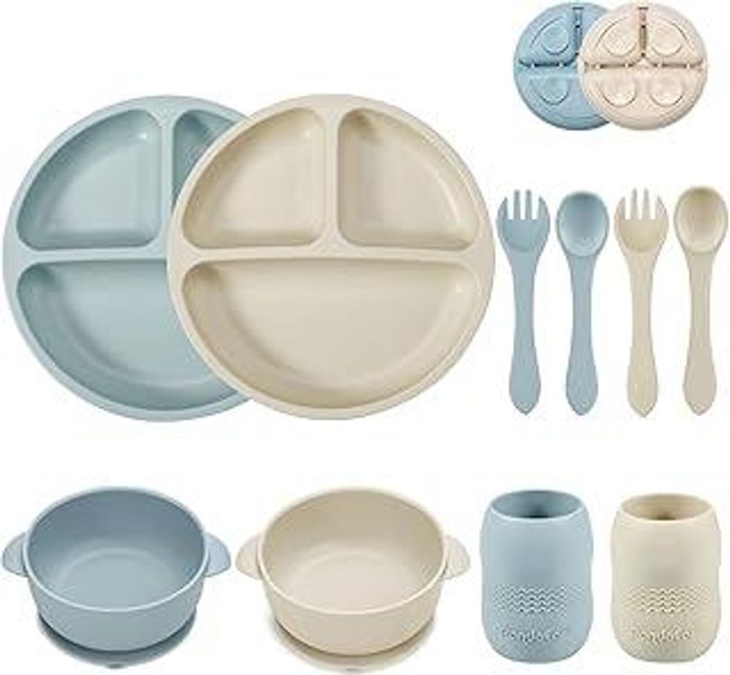 PandaEar Silikon Baby Geschirrset mit Saugnapf, 2 Unterteilt Kinderteller + 2 Saugnäpfe Baby Breischale + 2 Baby Trinkbecher mit 2 Babylöffel 2 G...