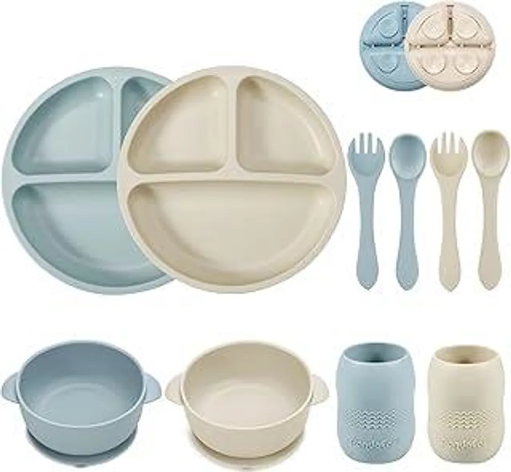 Set di stoviglie in silicone per bambini PandaEar con ventosa, 2 piatti per bambini con divisorio + 2 ventose, ciotola per pappe + 2 bicchieri per bambini con 2 cucchiai e 2 forchette, set di stoviglie per bambini, set per la pappa del bambino, accessori - 1