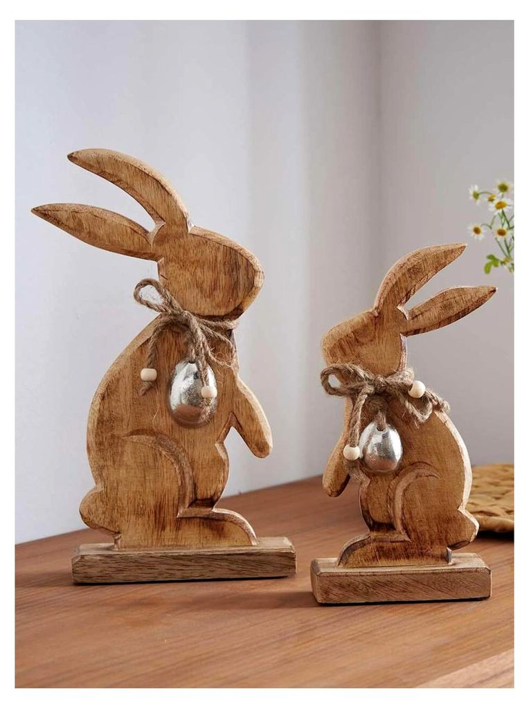 2er Set Dekofigur Osterhase aus Mangoholz, 20 + 26 cm hoch, Osterdeko, Holzdeko