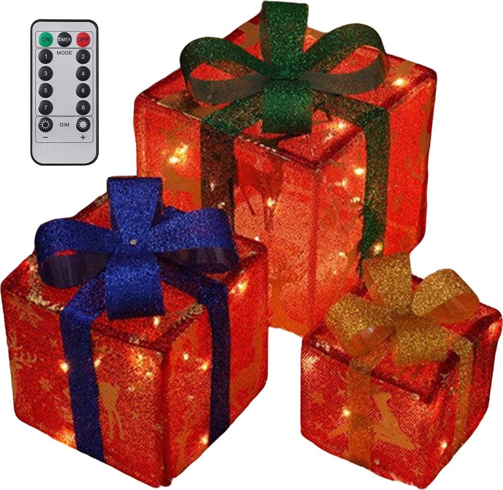 3er-Set beleuchtete Weihnachtsgeschenkboxen mit Schleife, LED-beleuchtete Geschenkboxen für drinnen und draußen, für Haus, Veranda, Weihnachtsba...