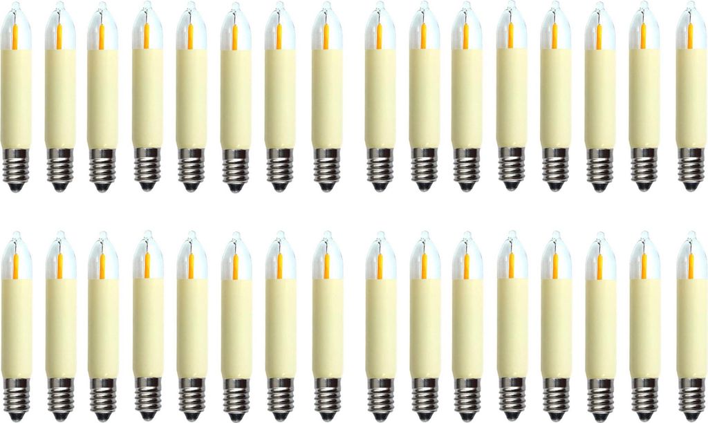 A grid of 32 identical LED filament candle bulbs arranged in two rows.