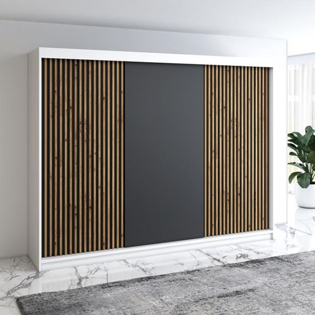 Schwebetürenschrank, 3-türig Schrank mit 4 Schubladen, und 3D-Lamellen Premum! Moderne Garderobe für Kleidung. Verschiedene Farben (Weiß, Schwa...