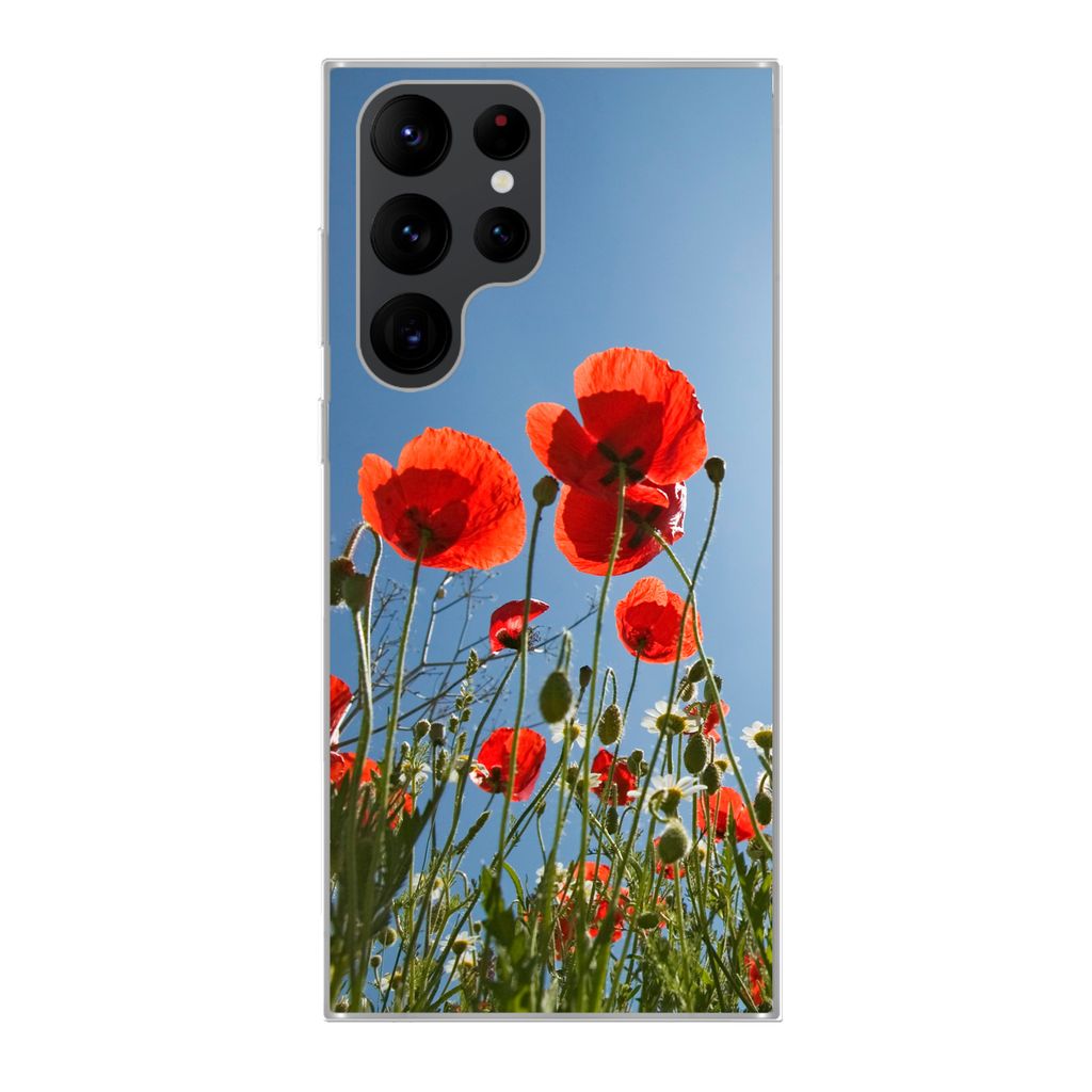 MuchoWow Handyhülle Schutzhülle Hülle für Samsung Galaxy S22 Ultra Strahlende Sonne über einigen Mohnblumen in Spanien Silikon Softcase Hand...