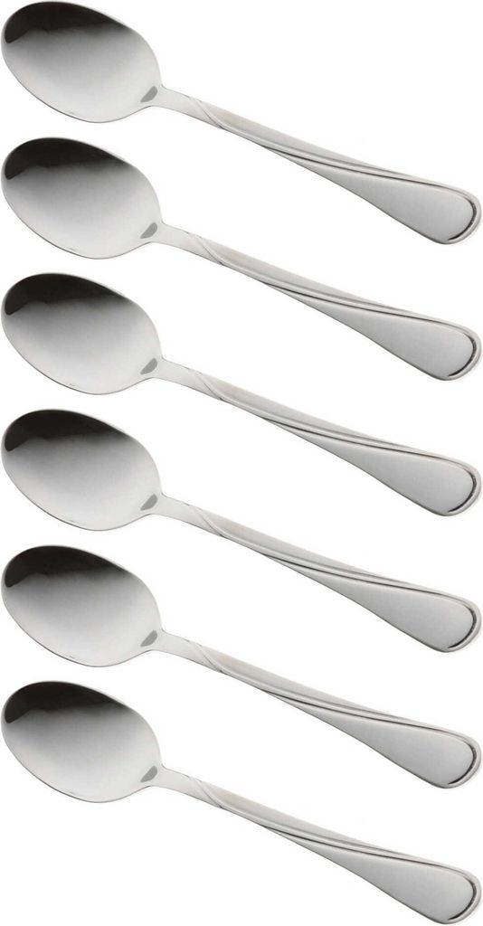A stack of five silver spoons on a white background.