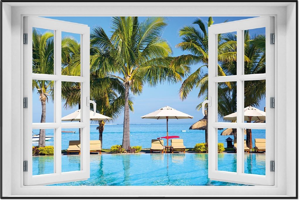 Wallario Wandbild mit Fenster-Illusion: Sonnenschirme am Südsee-Palmenstrand mit blauem Meer-Wasser, Größe: 61 x 91,5 cm, Poster mit schwarzem A...
