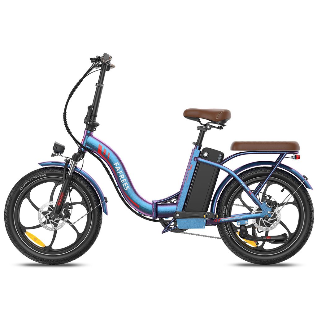 A blue electric folding bicycle is shown against a white background.