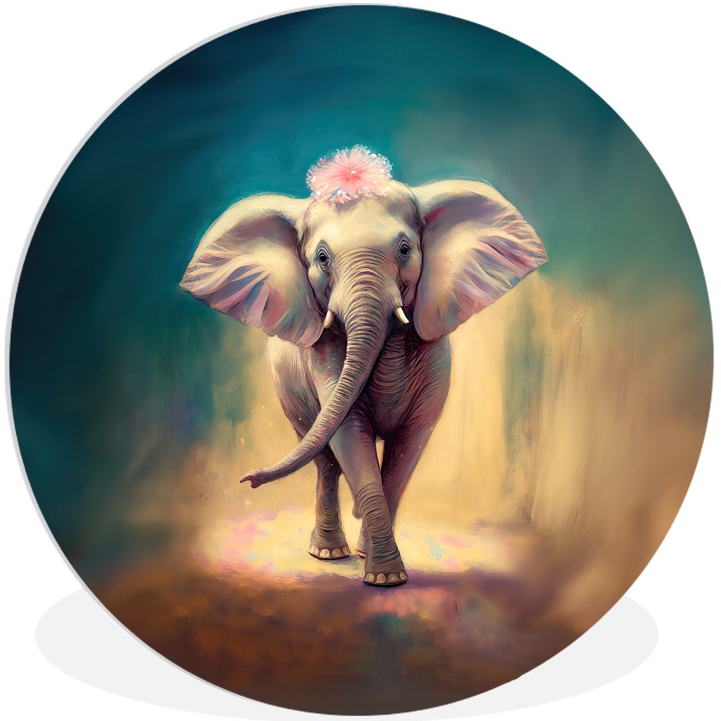 MuchoWow Rundes Wandbild - Runde Bilder Elefant - Tiere - Malen - Blumen - Porträt - Kinder Ø 90 cm Kreis Wanddekoration Kunststoff - Wandkreis...