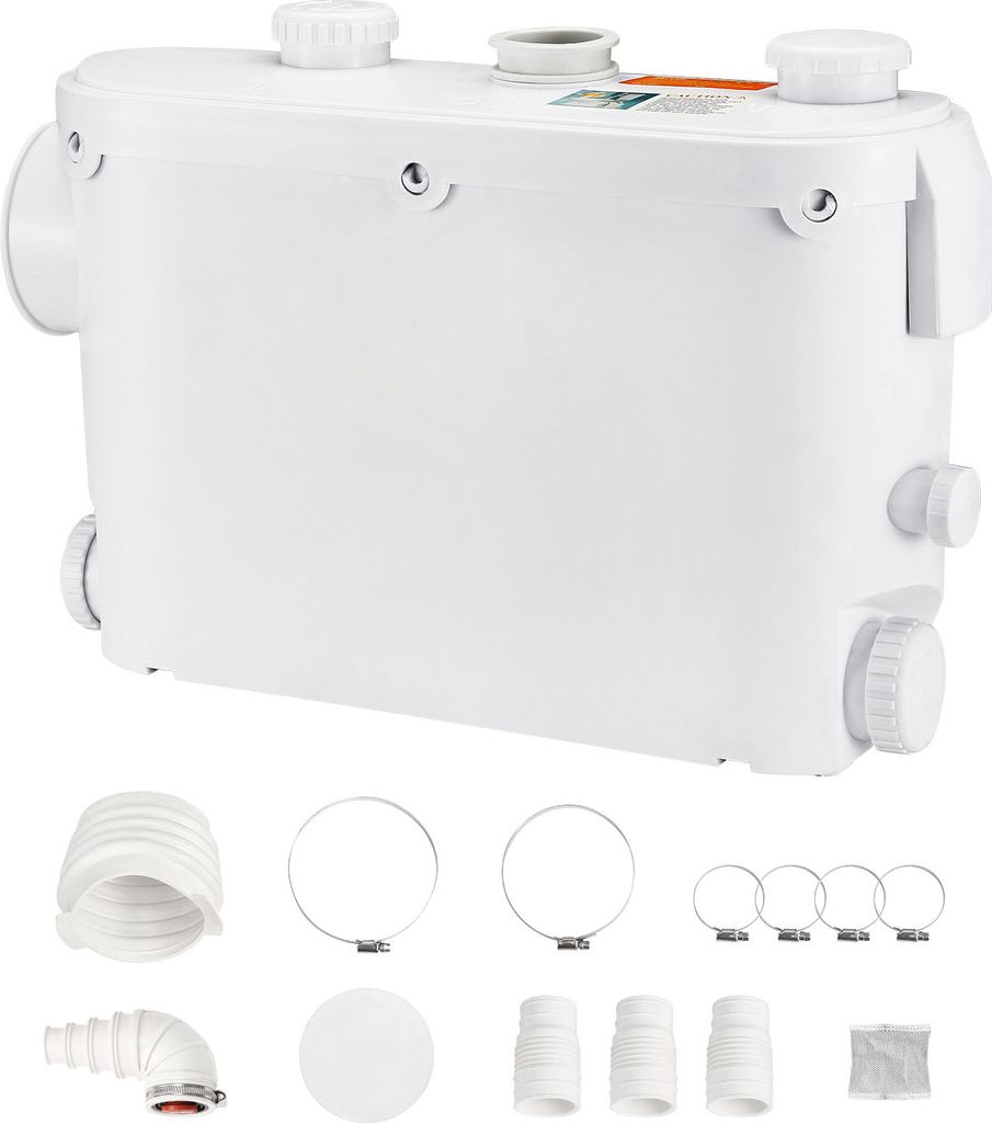 A white macerator pump and its accessories are displayed against a white background.