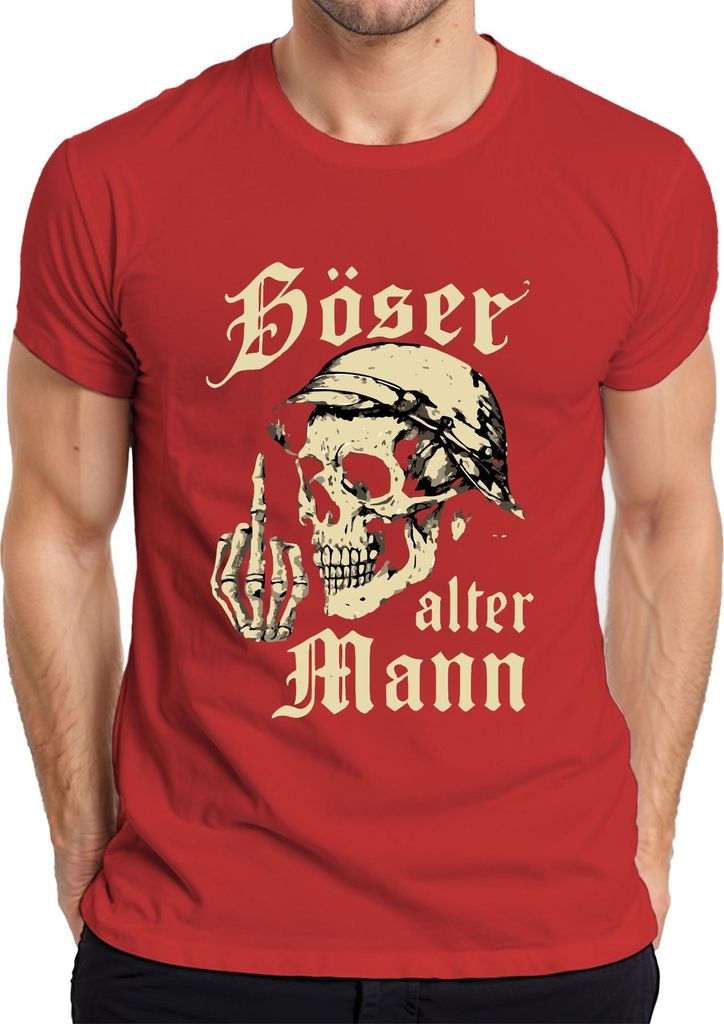 Totenkopf Skeletthand Mittelfinger Biker Rocker Böser alter Mann Herren T-Shirt, Rot, M