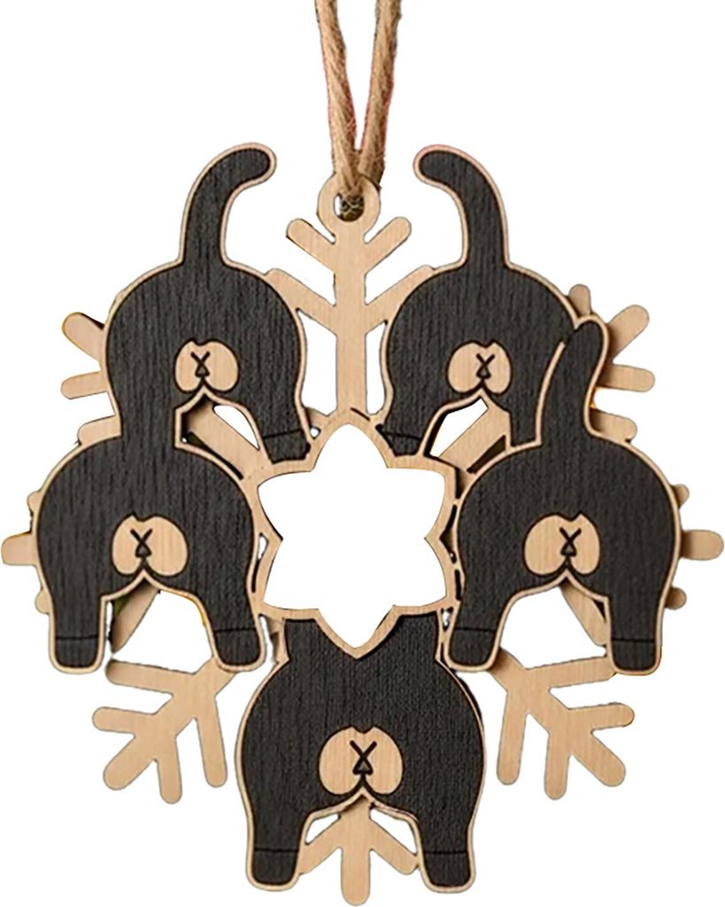 Weihnachtsschmuck mit Katzenhintern, Schneeflocke, lustiger Weihnachtsbaumschmuck aus Holz in Schneeflockenform, hängender Anhänger für Baum und...