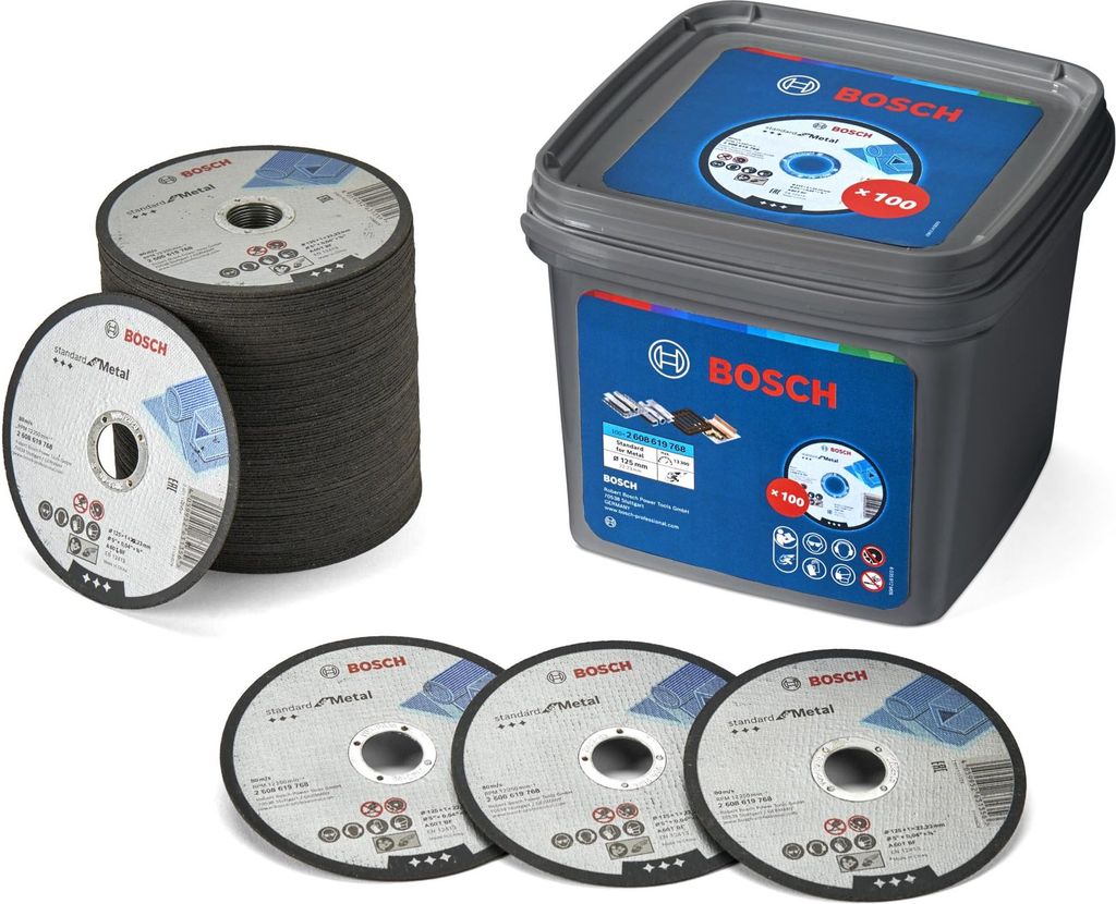 A collection of Bosch cutting discs and a storage container.