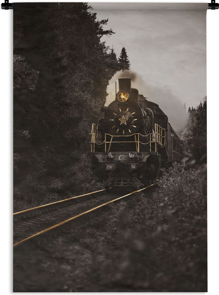 MuchoWow Wandteppich Wandbehang Zug - Schwarz - Gold 90x135 cm Tapisserie Dekoration Wandtuch - Baumwolle - Wandskulptur