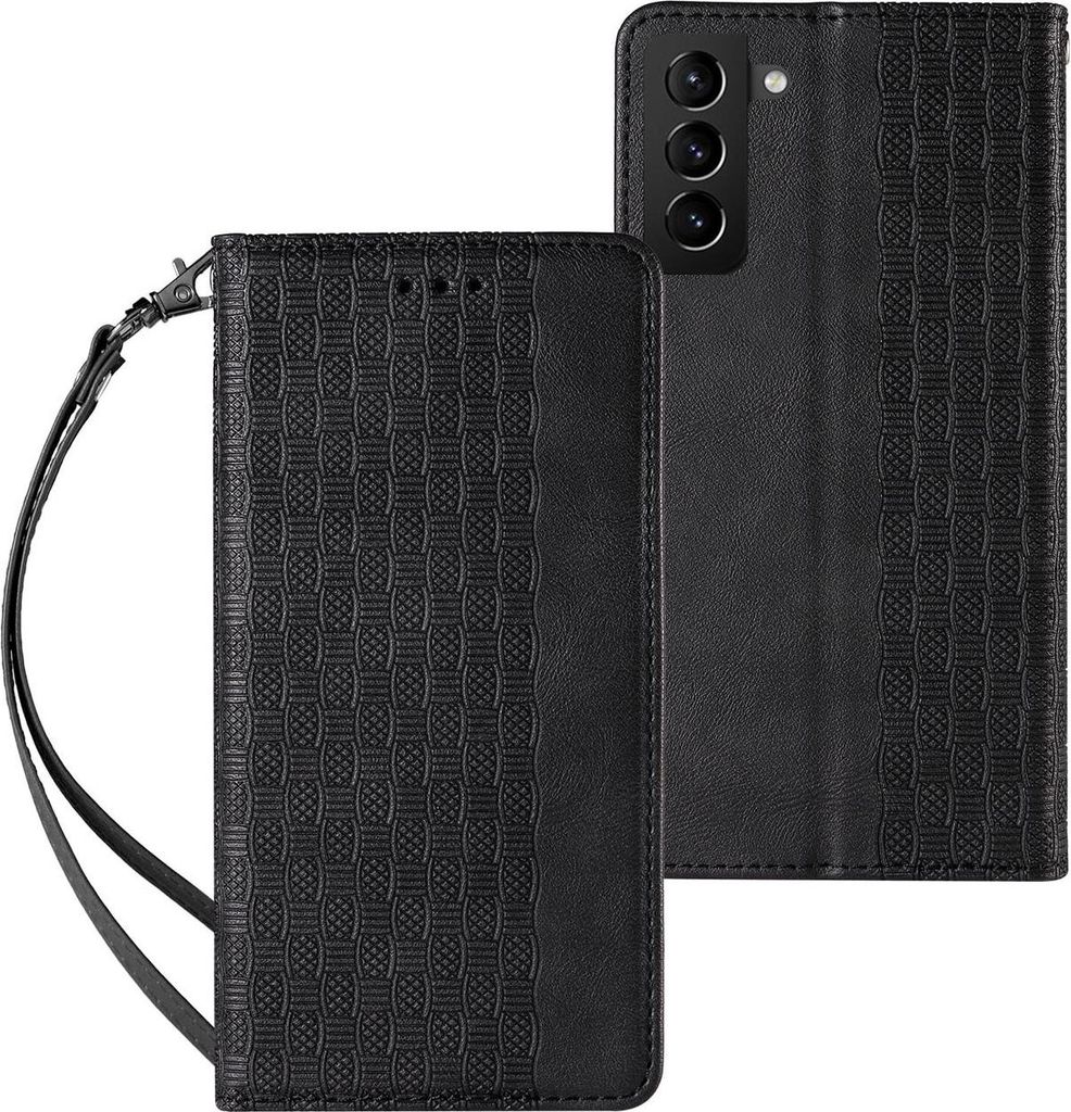 Magnet Strap Case Für Samsung Galaxy S22+ (S22 Plus) Wallet Cover + Mini Lanyard Anhänger Schwarz