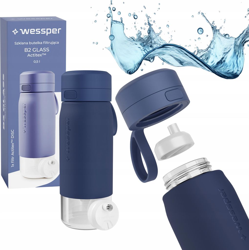 Glasflasche Wessper 500ml, Silikonhülle Wasserfilter Verschluss BPA-frei, blau