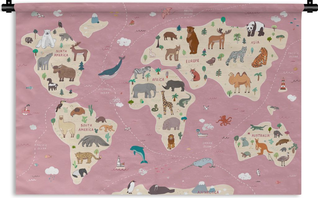 MuchoWow Wandteppich Wandbehang Weltkarte Kinder - Tiere - Erde - Jungen - Mädchen - Rosa 120x80 cm Tapisserie Dekoration Wandtuch - Wanddekorat...