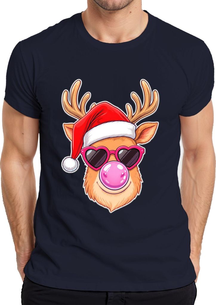 Weihnachten Rentier Santa Mütze Herz Sonnenbrille Kaugummi Lustig Herren T-Shirt, Navy, L