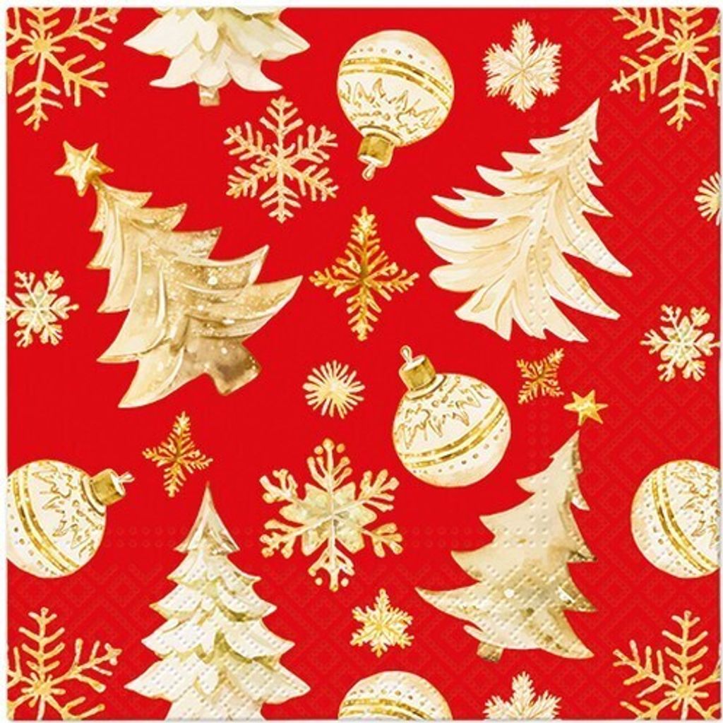 20 Servietten Golden Christmas Trees red - Weihnachtsornamente gold auf rot 33x33cm