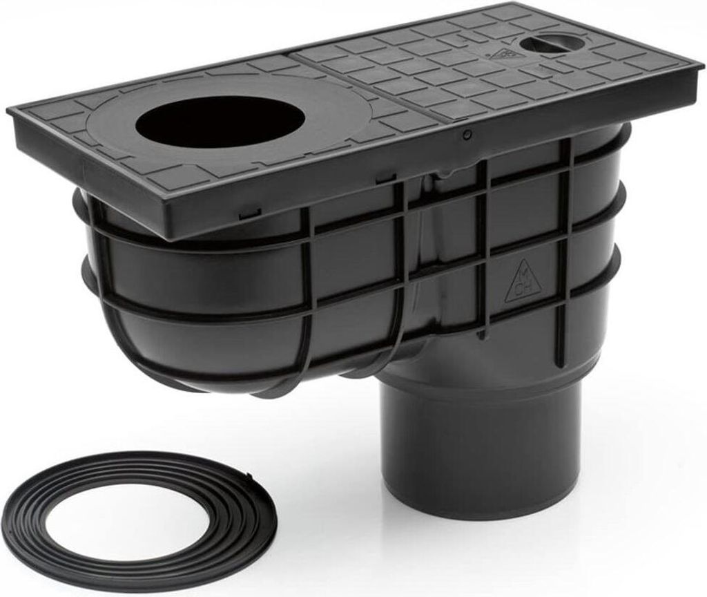 A black plastic drainpipe fitting with a grate on top, shown on a white background. A rubber seal is also visible.