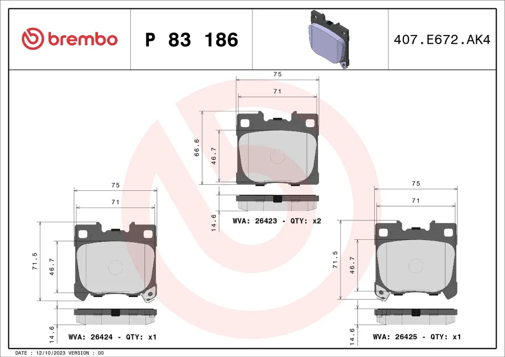 Plaquettes Brembo P 83 186 Stop Bruit Freinage Toyota Yaris OE 0446652200