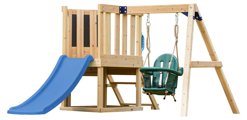 AXI Timo Klettergerüst aus Holz in Braun mit Rutsche in Blau | Spielturm / Spielplatz für Kinder mit Babyschaukel, Kletterwand und Tafel | Spielg...