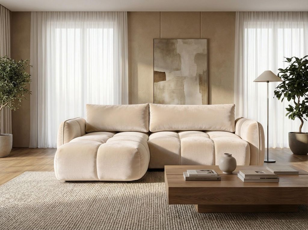 Sofiland BELVEO Ecksofa L-Form links mit Schlaffunktion & Bettkasten Creme