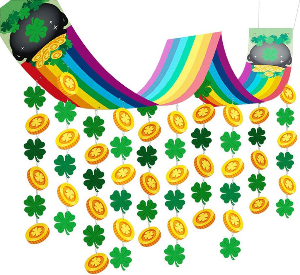 Regenbogen-Deckendekorationen zum St. Patrick's Day, langes Regenbogen-Hängebanner mit Schnur, goldene Glückskleeblatt-Münze, Deckenwimpelgirlan...