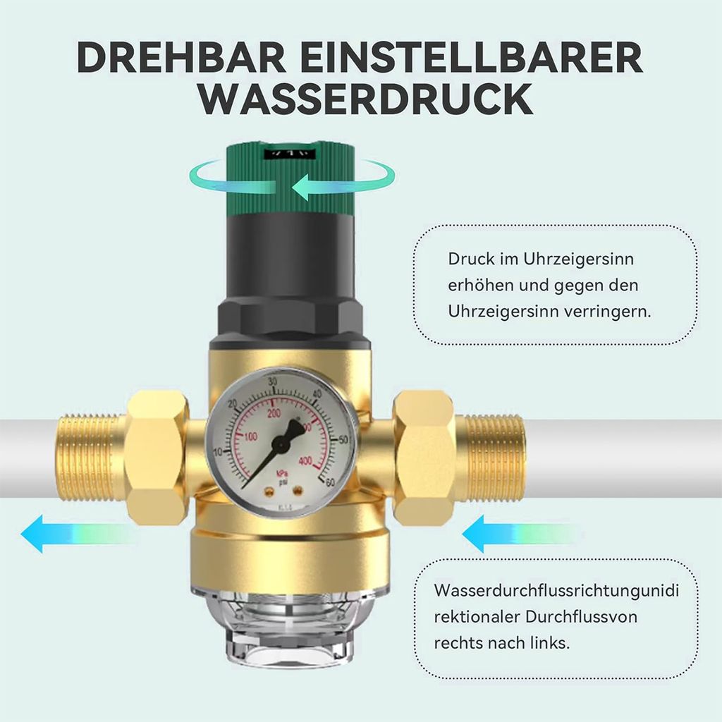 NEWFUN Druckminderer Wasser 3/4 Zoll – Messing, Einstellbar, Mit Manometer & Siebfilter – Für Hauswasseranlagen & Industrie