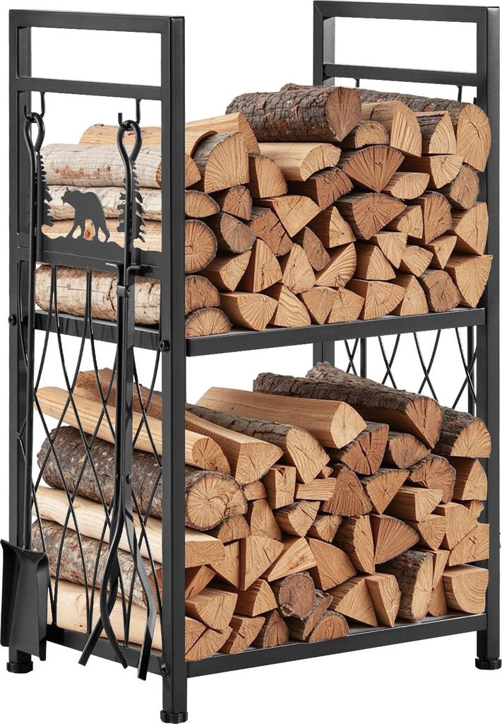 VEVOR Kaminholzregal, 455x330x765 mm, 2-stufiger Brennholzhalter mit Kaminbesteck, Bürste, Schaufel, Schürhaken, Zange, Brennholzregal, 181 kg Tr...