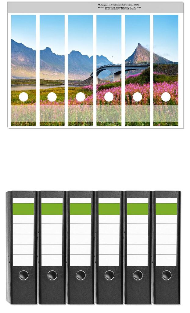 Wallario 6 Stück breite Ordner inkl. Klebeetiketten mit Motive Brücke zwischen Bergen und Blütenmeer - Set mit Rückenschildern / Ordnerrücken ...