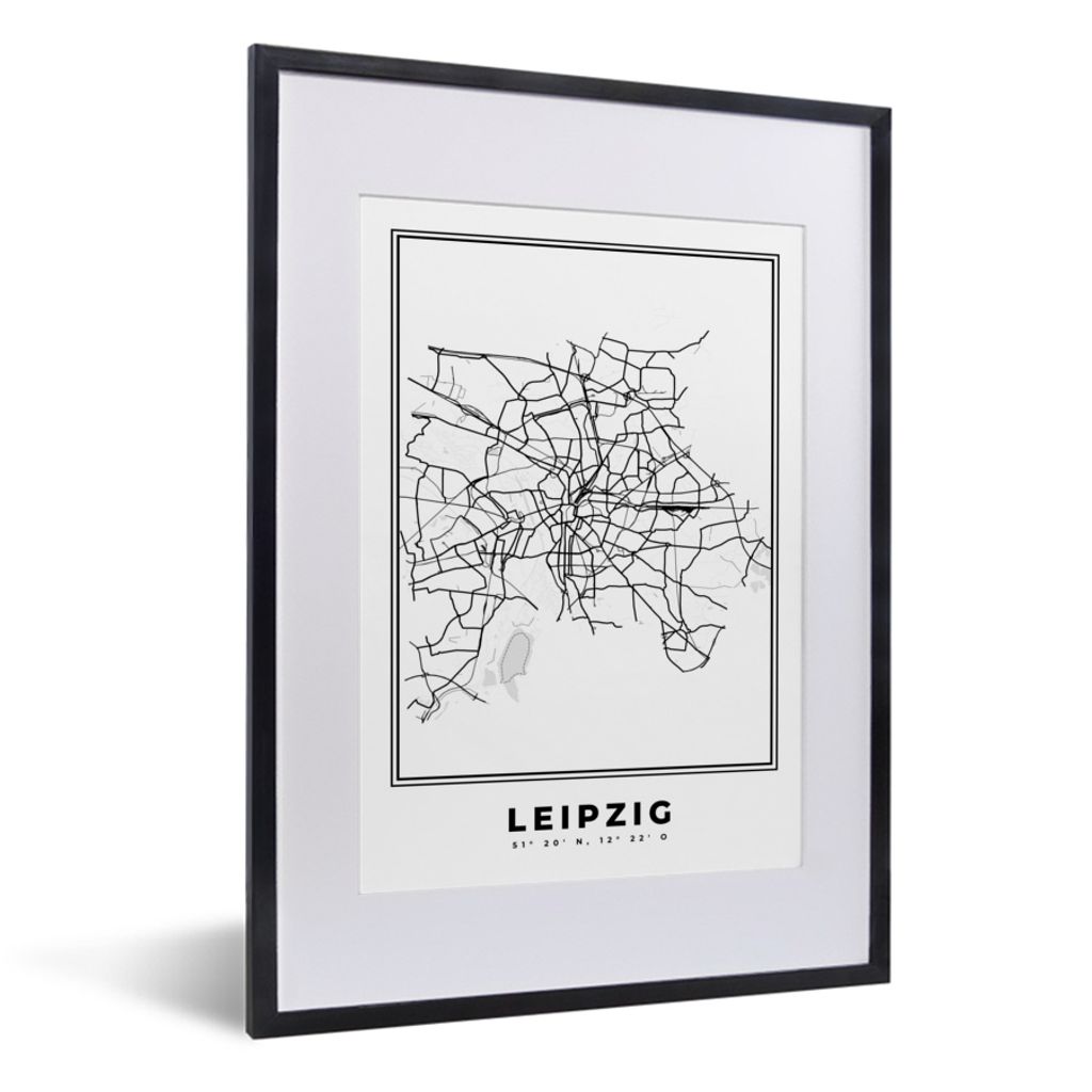 MuchoWow Gerahmtes Poster Schwarz und weiß - Deutschland - Karte - Stadtplan - Leipzig 30x40 cm - Poster mit Schwarzem Bilderrahmen Wandposter R...