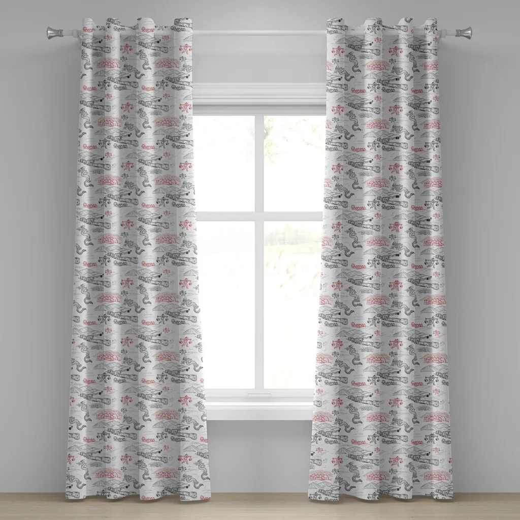 Rideaux décoratifs à 2 panneaux motif folklorique chinois gris rouge