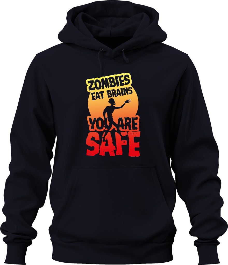 ZOMBIES EAT BRAINS YOU ARE SAFE Halloween Horror Zombie Geschenk Uni Hoodie Kapuzenpullover, Navy, XXL