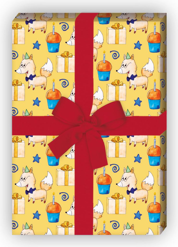 Lustiges Geburtstag Geschenkpapier mit Party Hund & Muffins, blau - G11678, 32 x 48cm