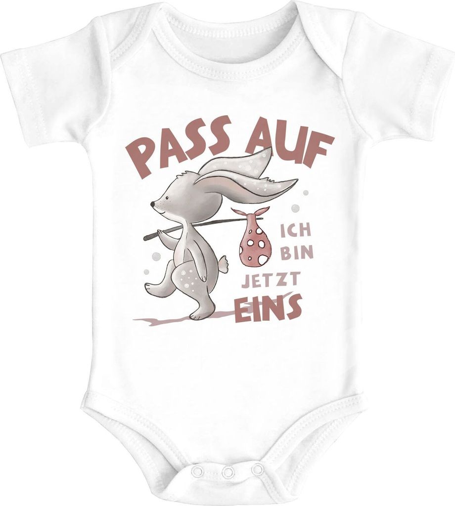 Babybody mit Spruch zum Geburtstag Ich bin jetzt Eins | Zwei | Drei Hase Tiere kurzarm Body Baumwolle Moonworks 1 Jahr weiß 6-12 Monate