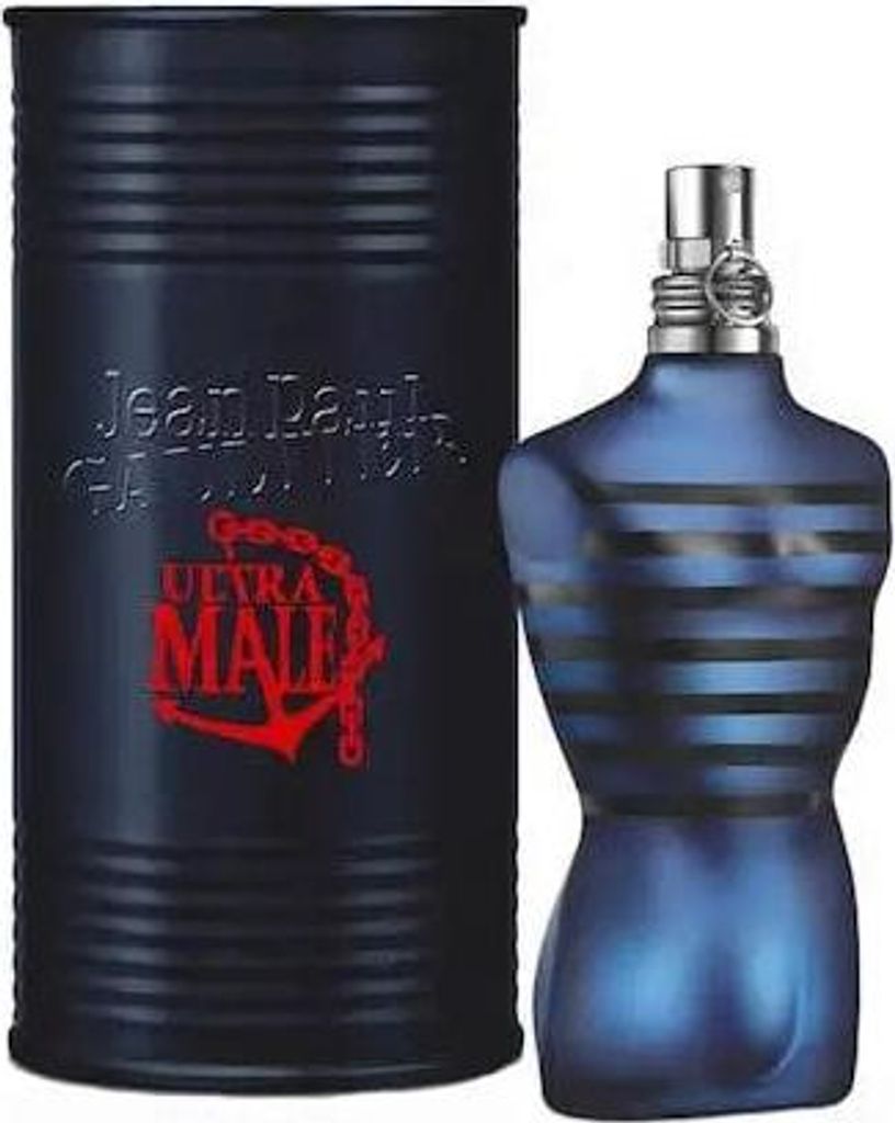 A perfume bottle and its cylindrical packaging are displayed side-by-side against a white background.