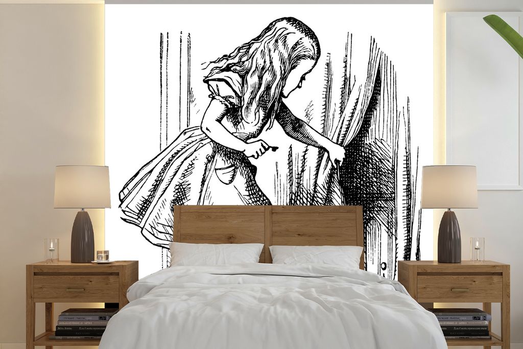 MuchoWow Fototapete für Wohnzimmer oder Schlafzimmer Wandtapete Vinyl Motivtapete Vintage-Illustration Alice und die Tür - schwarz und weiß - ...