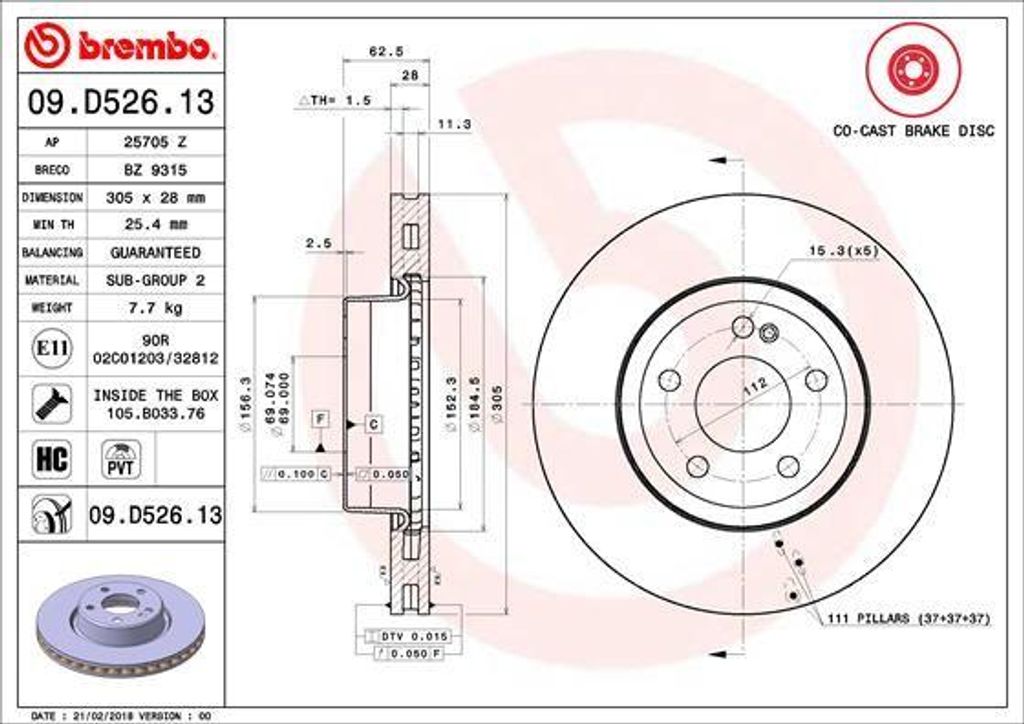 BREMBO 09.D526.13 Bremsscheibe OE 0004212512 kompatibel mit C-Klasse, E-Klasse