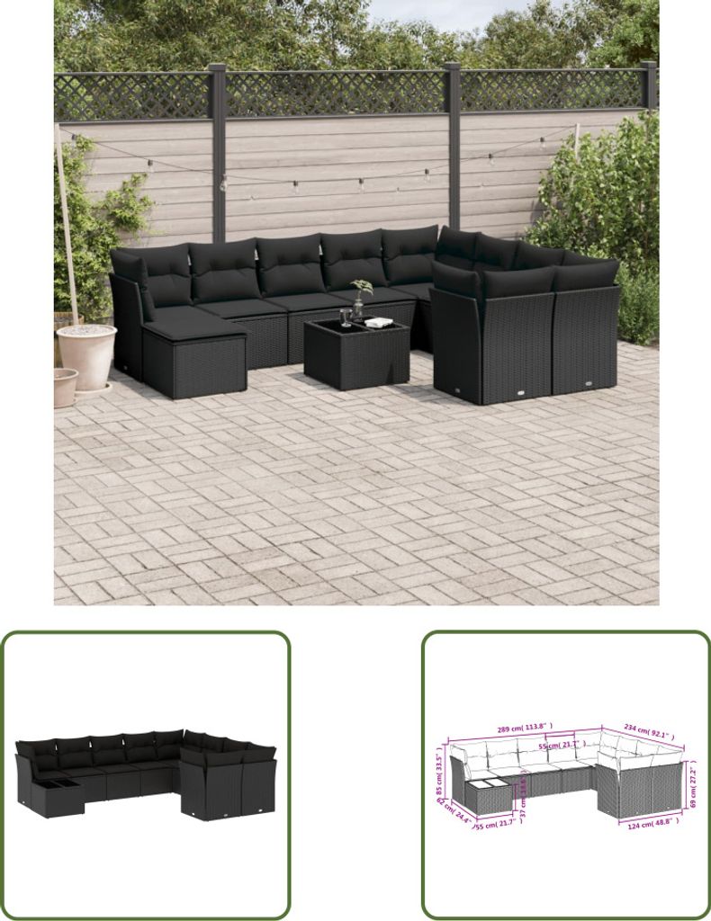 The Living Store 10-tlg. Garten-Sofagarnitur mit Kissen Schwarz Poly Rattan
