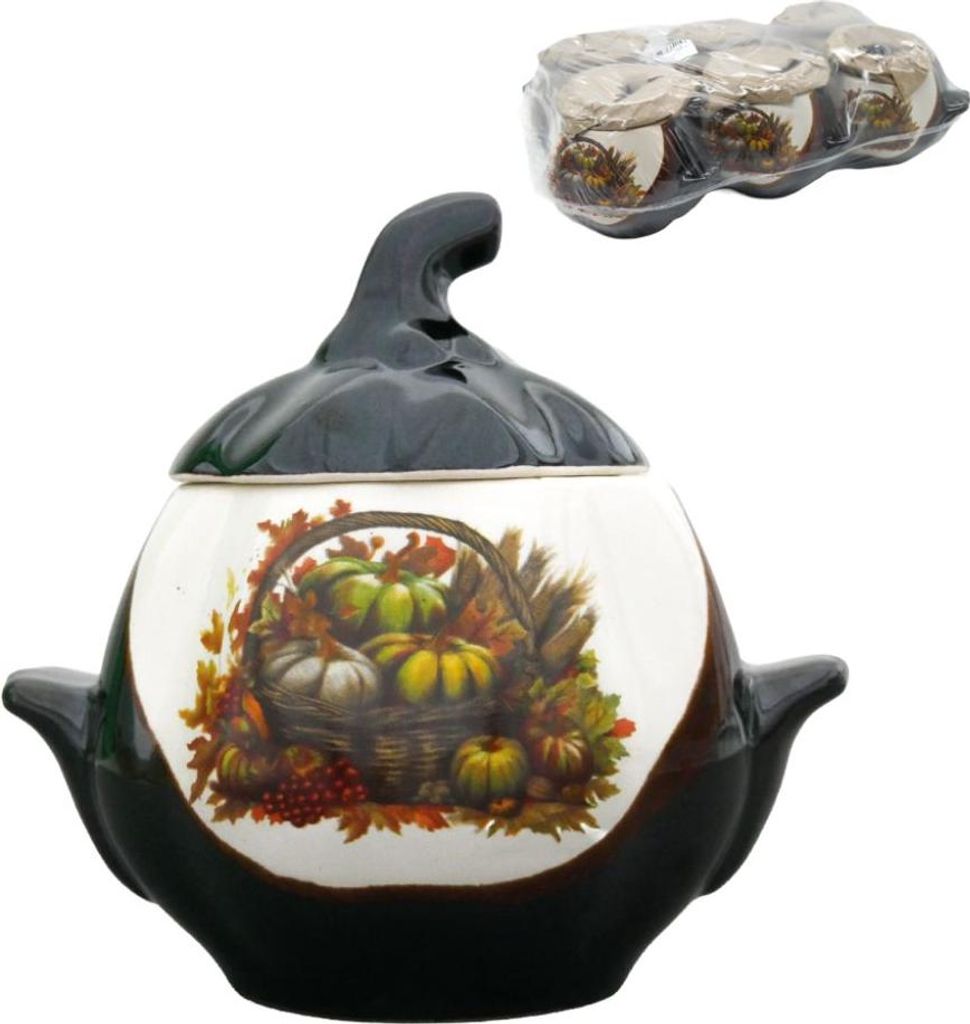 Backtopf Kürbis, weiß-braun mit Henkeln, 0,75 l, mit Kürbis-Dekor