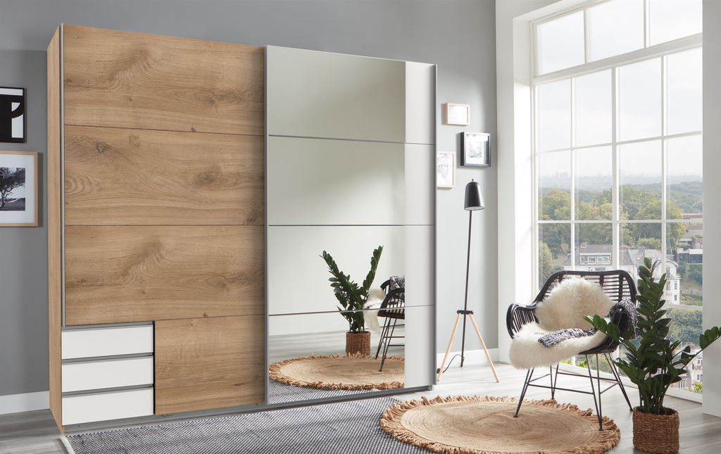 Schwebetürenschrank Schrank Schiebetürenschrank Schlafzimmer "Eugenio V" Plankeneiche/Weiß