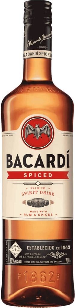 A product shot of a bottle of Bacardi Spiced rum.